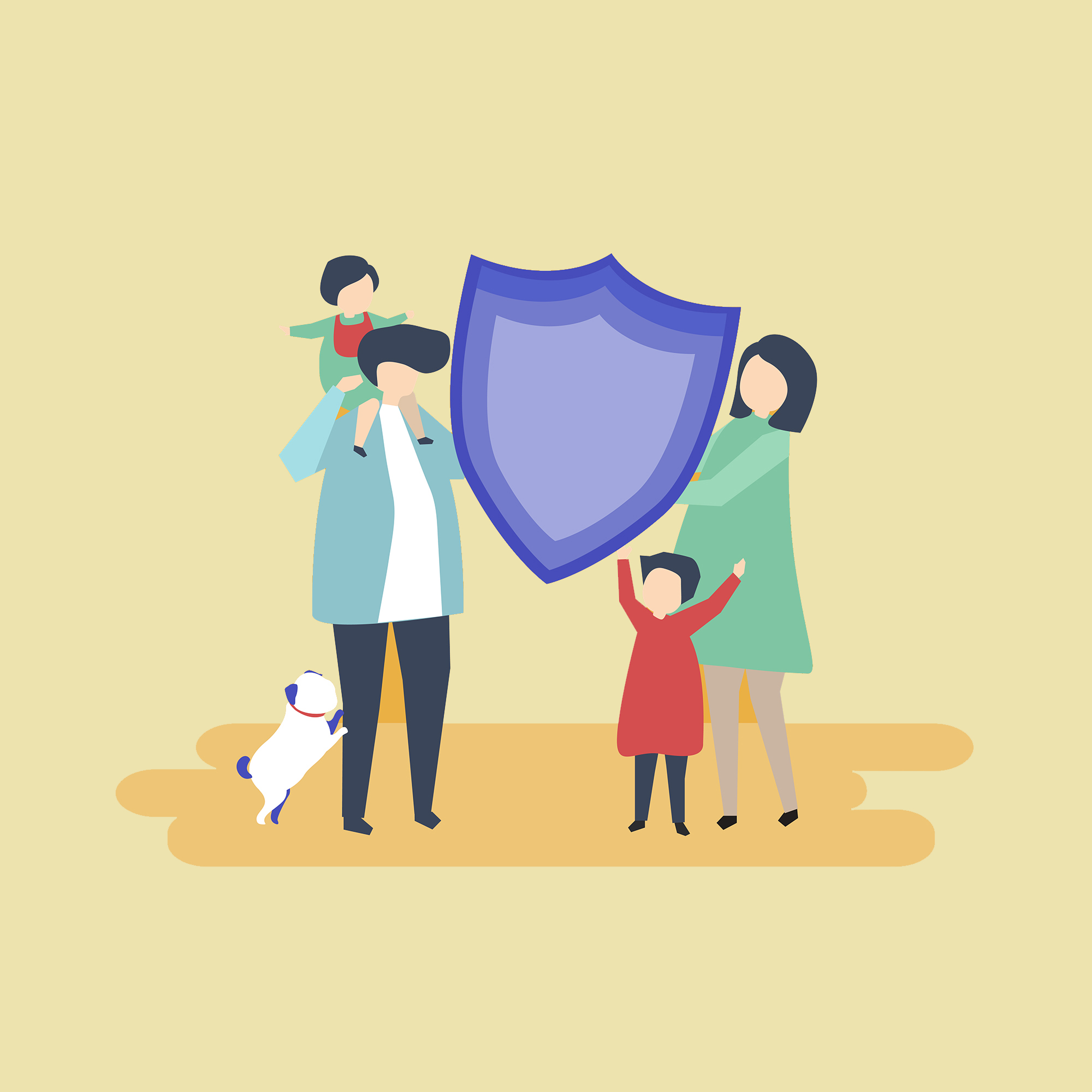 Character of a family holding an insurance illustration